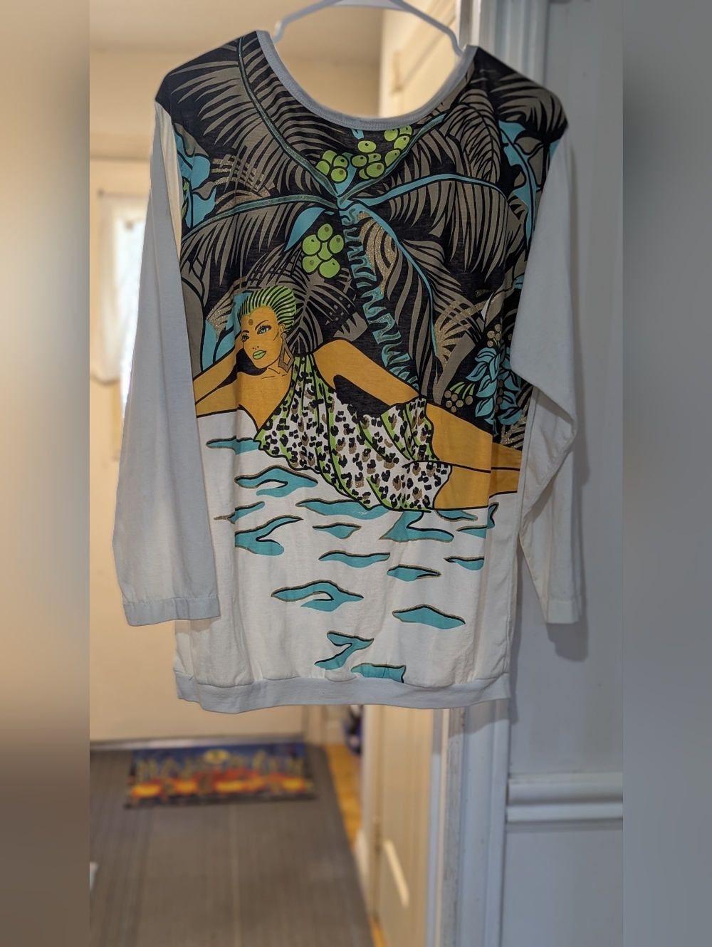 Vintage Tropical Graphic Long Sleeve Top in White, Teal & Yellow Space Woman